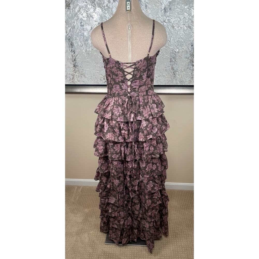 V. CHAPMAN Josephine Floral Ruffle Tiered Bustier Chocolate Maxi Dress Size 10 - Picture 8 of 10